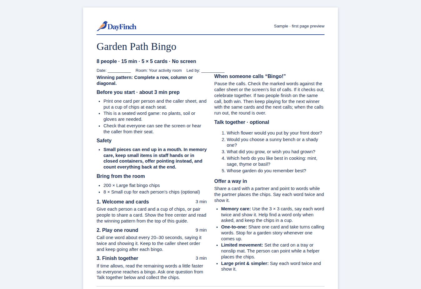 The actual Garden Path Bingo facilitator guide, with preparation checks, materials and timed steps.