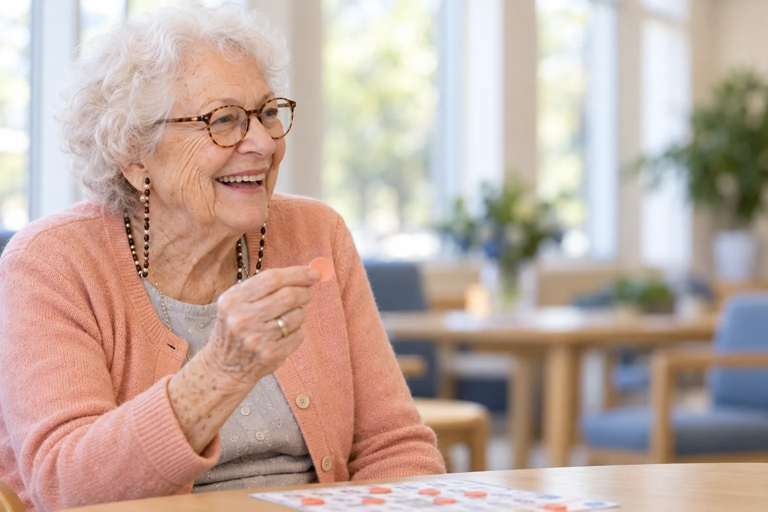 A resident laughs as she holds up a bingo chip
