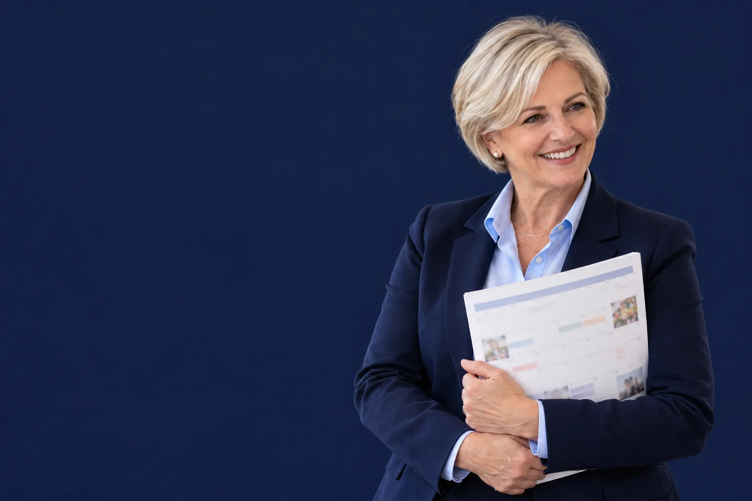A regional director smiles as she holds a printed monthly activity calendar