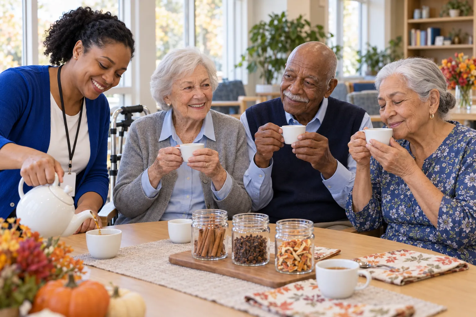 An activity assistant pours tea as three residents hold their cups beside jars of cinnamon sticks, cloves and dried orange peel