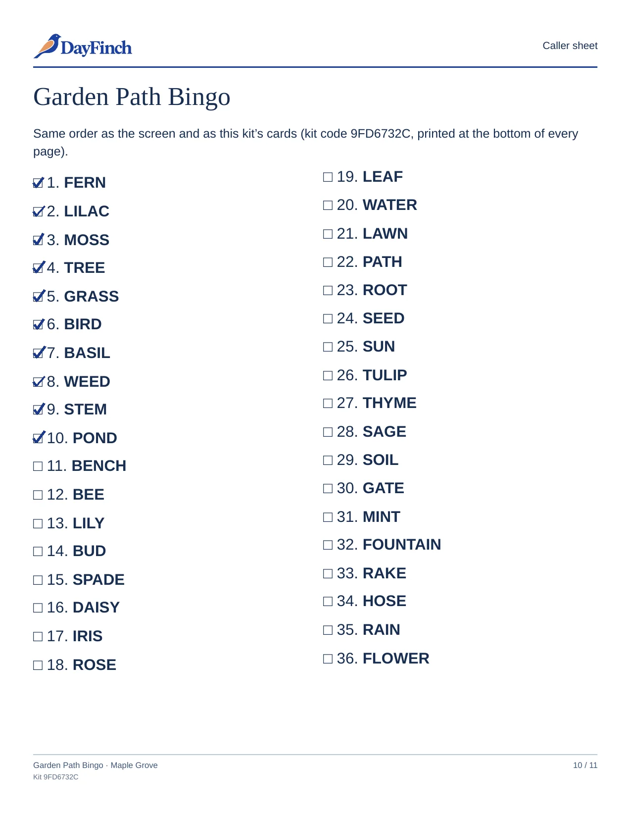 The printed caller sheet: all 36 words in calling order, with the first 10 ticked in pen