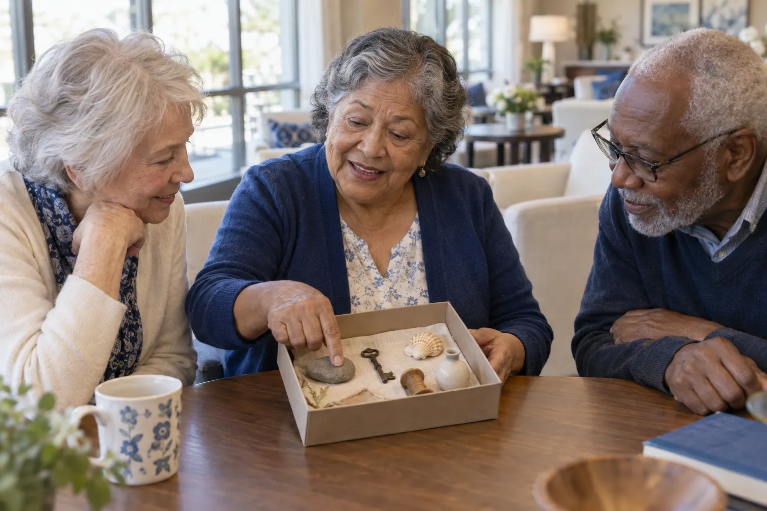 Illustrative scene: an older woman shares her small museum with interested companions.