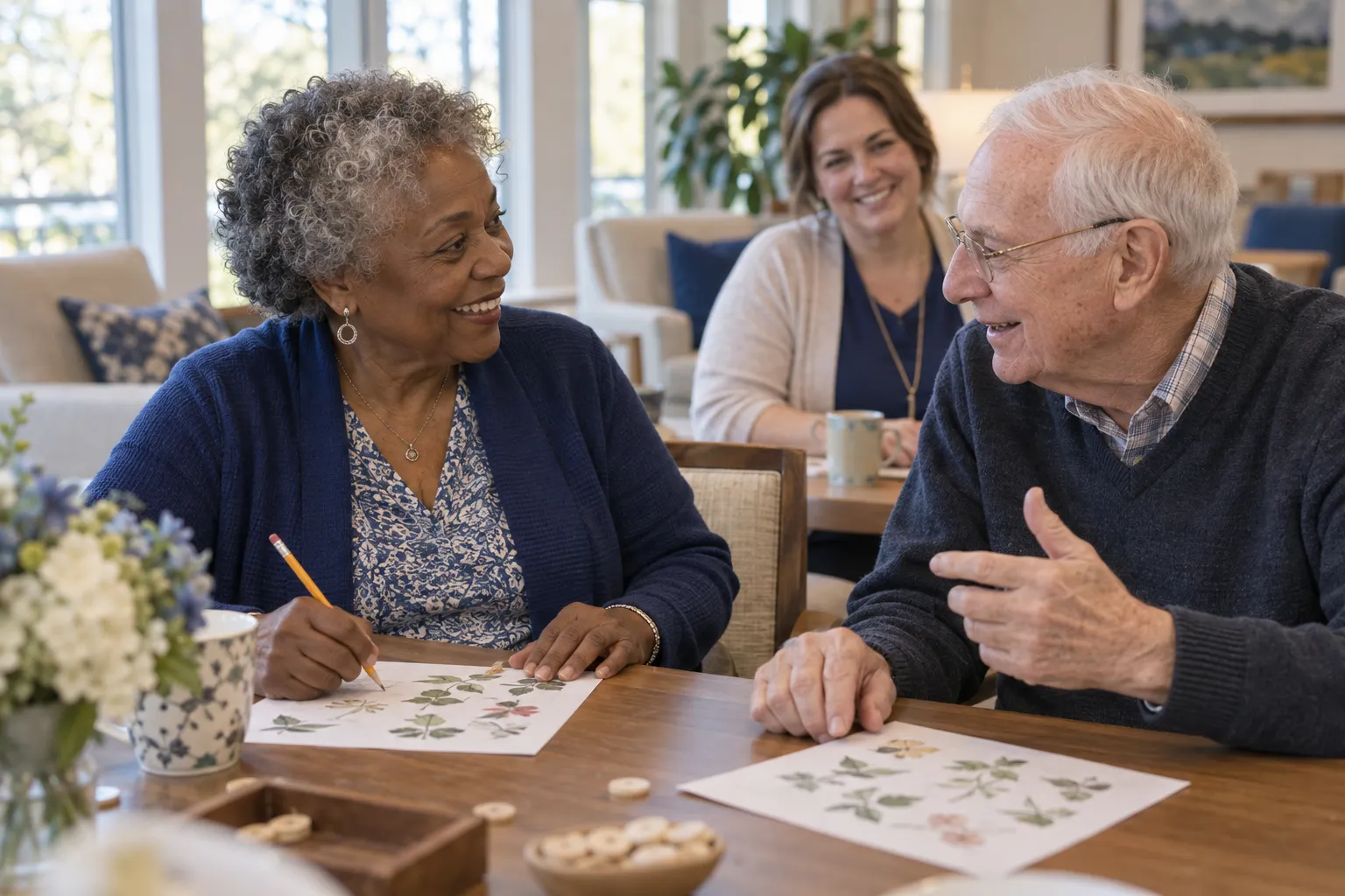 Illustrative scene: older adults sharing a smile during a table game.