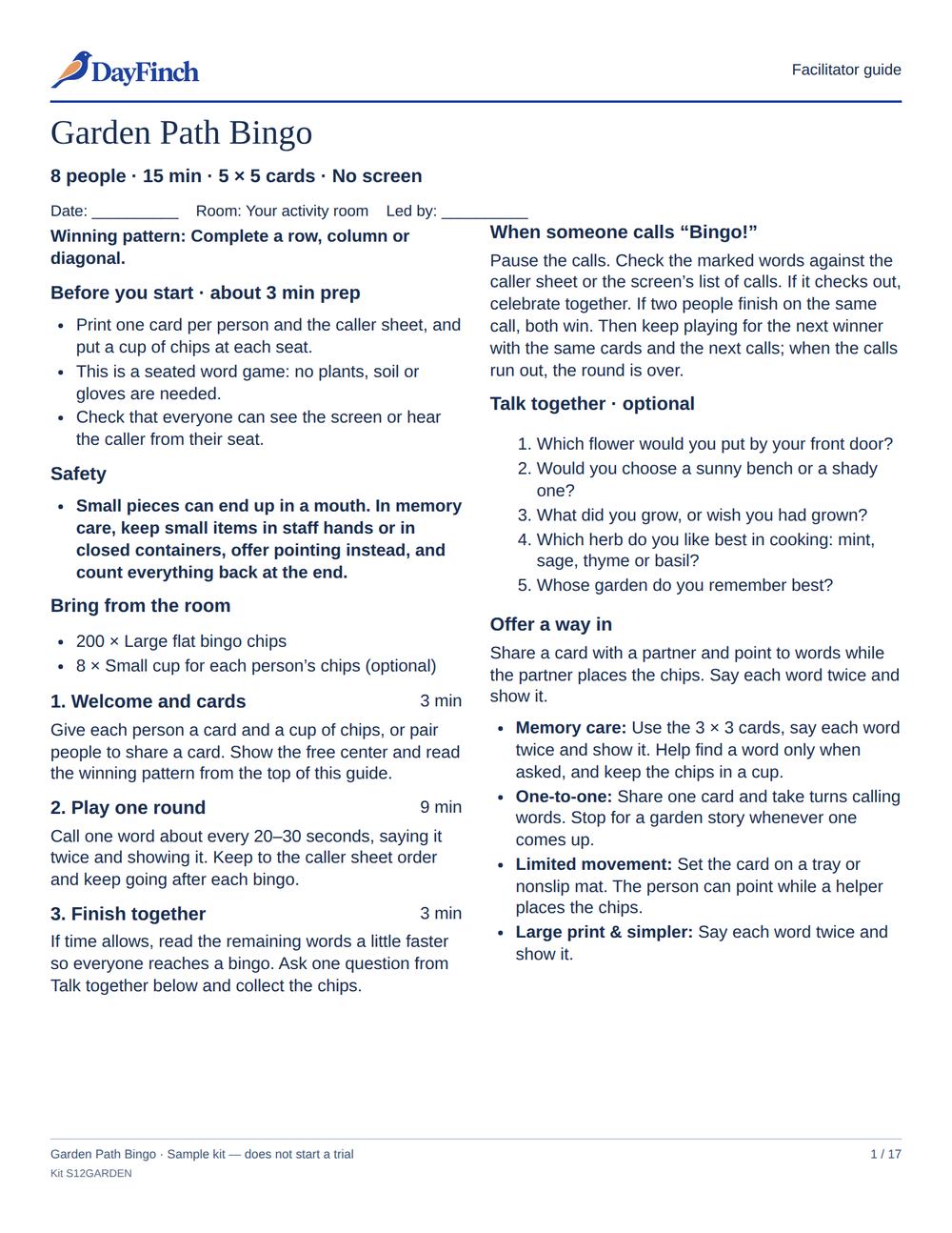 A real printable page from Garden Path Bingo. Open the complete kit to read every page.