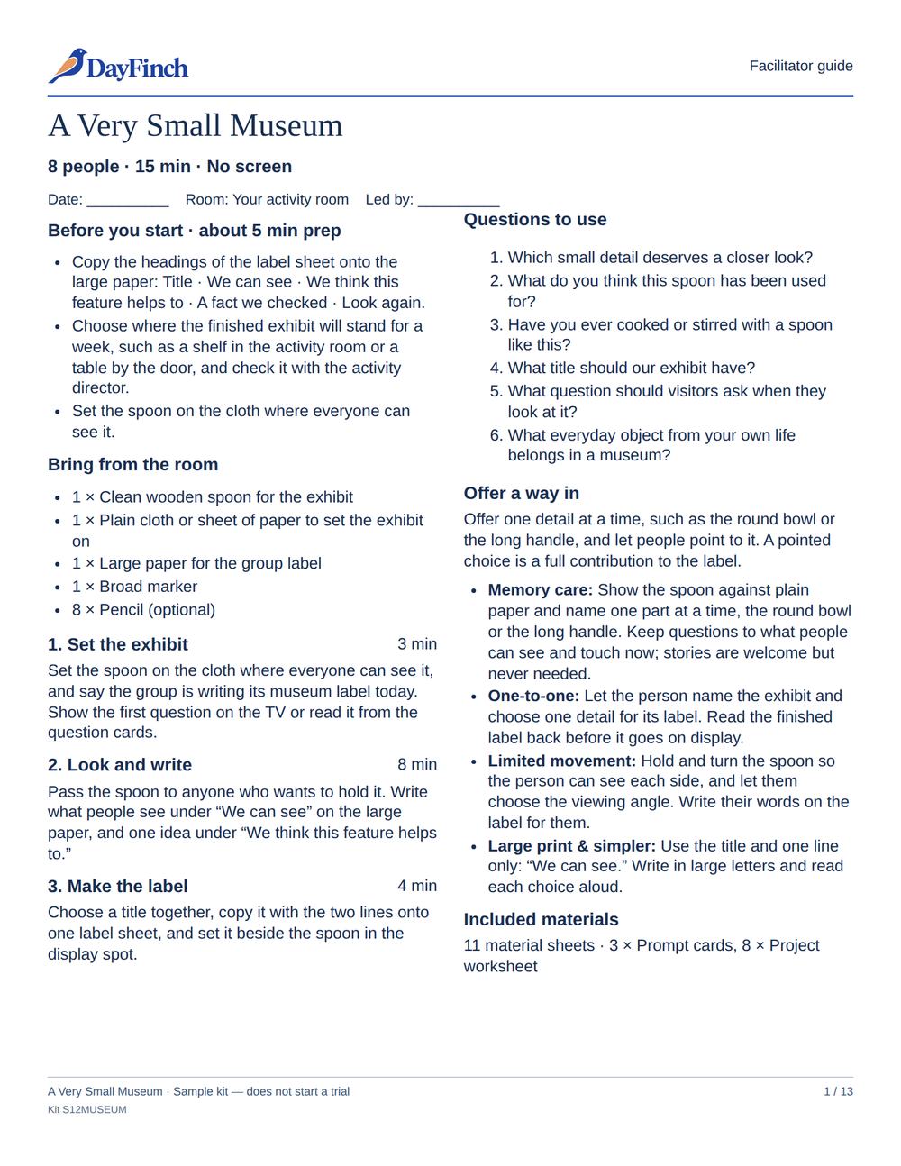 A real printable page from A Very Small Museum. Open the complete kit to read every page.