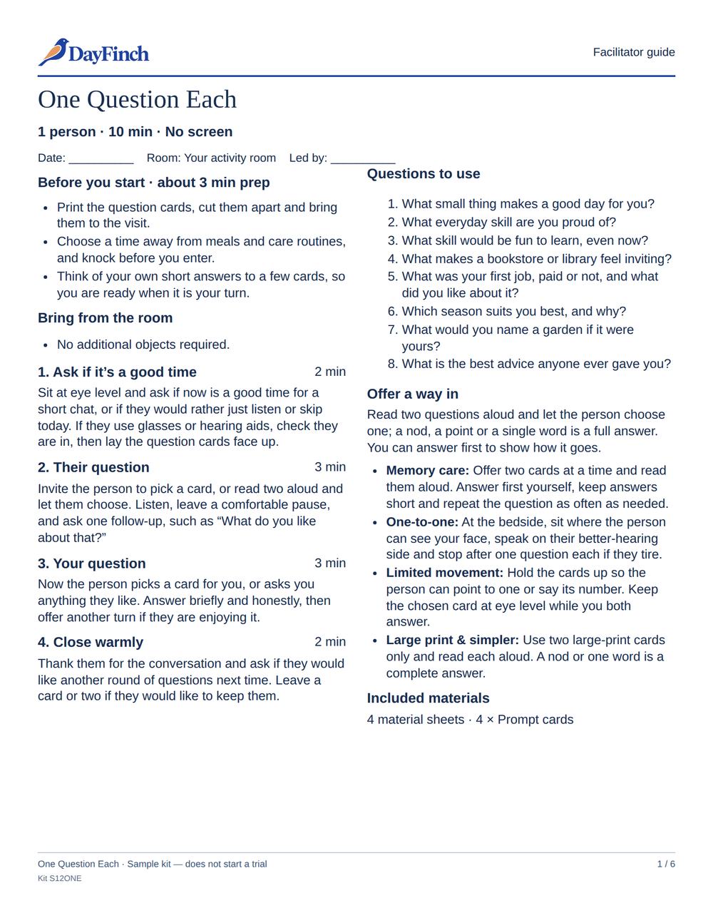 A real printable page from One Question Each. Open the complete kit to read every page.